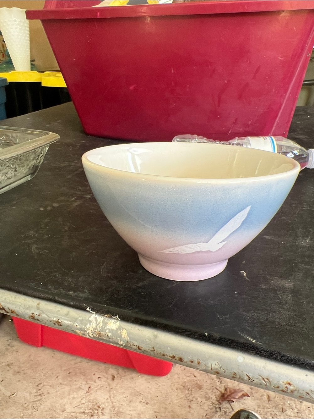 Vintage Ceramic Coastal Seagull Bowl in Blue and Pink